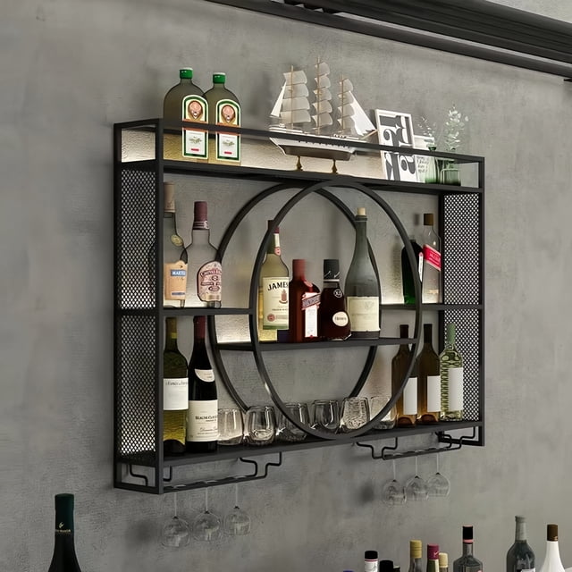 39in Metal Wall Mounted Wine Rack, 3-Tier Bar Shelf with Glass Holder, Modern Large Capacity Bar Liquor Bottle Display Shelf for Dining Room & Kitchen