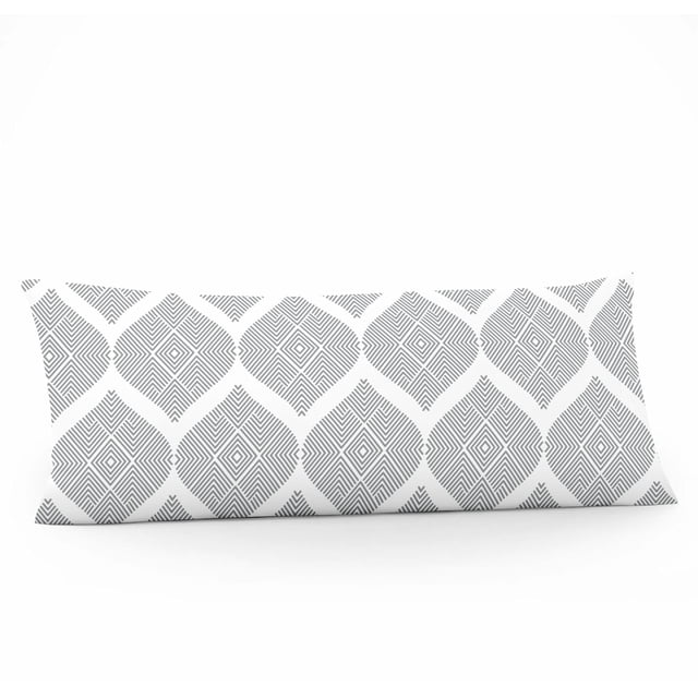 Mainstays Printed Body Pillow Case in white microfiber with gray geometric diamond print, shown front-facing on a white background, designed for bedding use and machine washable, also suitable as a decorative bedroom accent.