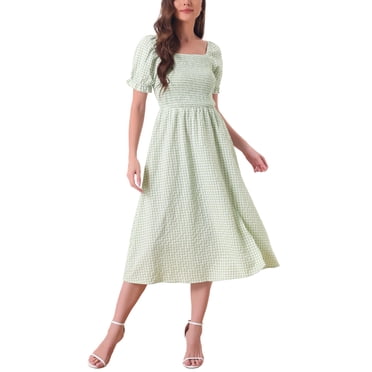 INSPIRE CHIC Robe Midi pour Femme Vichy Manches Courtes Bouffantes Smockée Carreaux Robes Vichy TP Vert Pâle