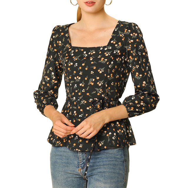 INSPIRE CHIC Blouse à Fleurs pour Femme à Encolure Carrée, Manches Longues, Taille à Nouer