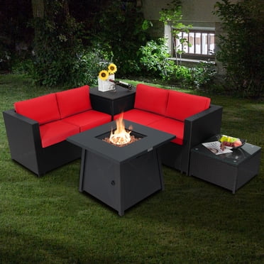 Patiojoy Ensemble de Mobilier de Patio Extérieur 5 Pcs avec Table de Foyer au Propane 50 000 BTU, Ensemble de Conversation en Osier PE pour Patio avec Coussins, Coffre de Rangement et Table Basse en Verre Trempé Rouge