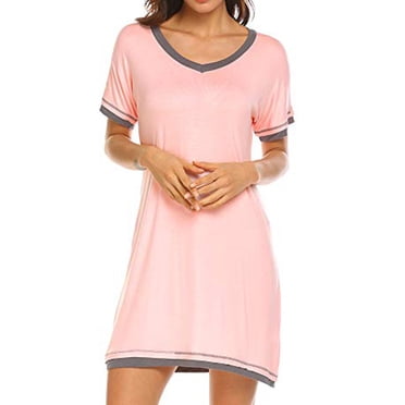 asjyhkr Chemises de Nuit pour Femmes Col Ras du Cou Manches Courtes Chemise de Sommeil Douce et Confortable en Tricot de Coton Vêtements de Nuit