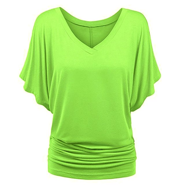 Kcodviy Plus Top V Neck Womens Loose V Neck Sleeve Batwing Loose T Womens Plus Ruffle Blouse Shirt Size Fold Hem Tops for Women Solid Plus Size Ladies Tops Plus Size Tops
