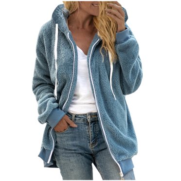 Open Front Long Cardigan Coat on Clearance Women's Fuzzy Fleece Jacket Oversized Solid Color Coat with Hood Winter Warm Cardigan Coats Long Sleeve Outerwear with Pockets Blue 3XL New