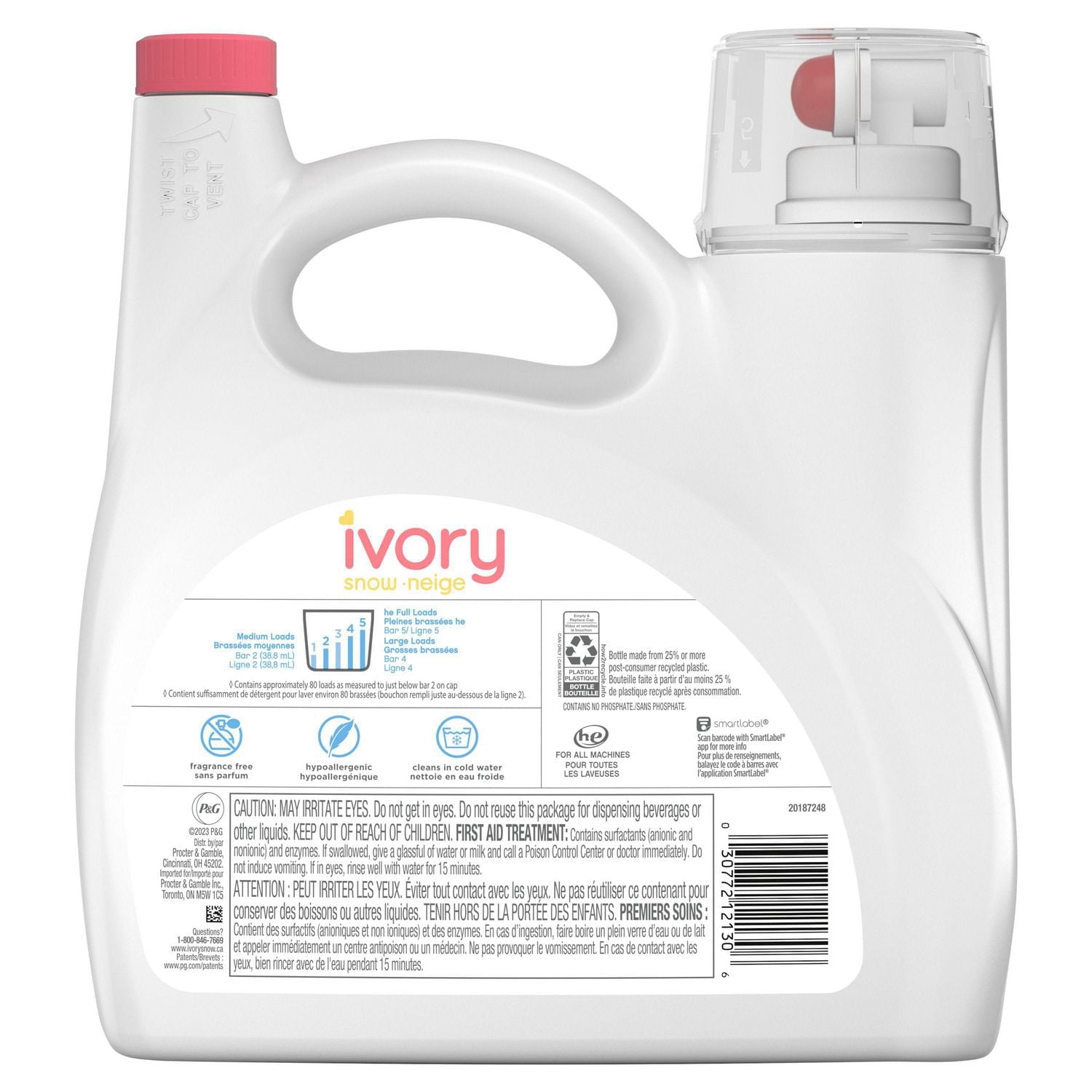 Ivory Snow Free Liquid Laundry Detergent, 3.2 L, 80 Loads, Laundry Detergent for Sensitive Skin, Dermatologist tested