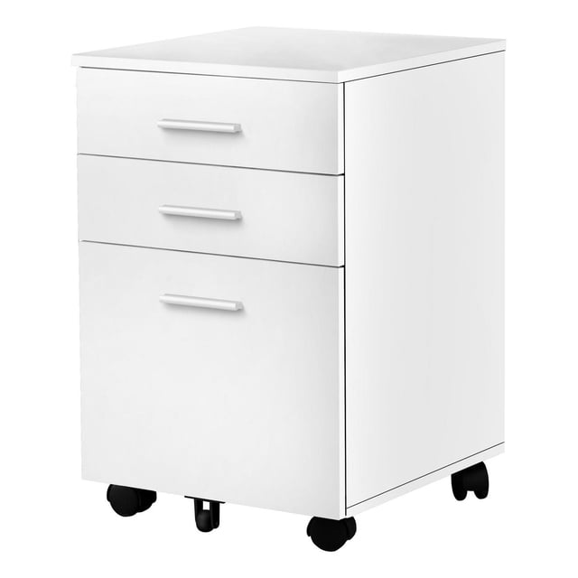 Monarch Specialties File Cabinet rolling mobile storage with three white laminate drawers and white handles, two letter-sized drawers and one larger legal-sized drawer, on five black casters with two locking wheels, ideal for office use and as a printer stand.
