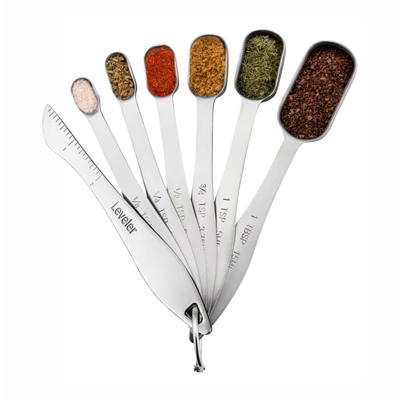 Spring Chef Cuillères à Mesurer en Métal en Acier Inoxydable Robustes pour Aliments Secs Ou Liquides, s'Insèrent dans un Pot à Épices, Ensemble de 6 avec Niveleur bonus