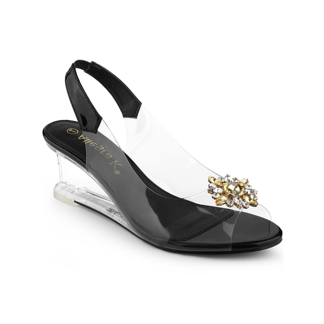BLISSFUL STEP Chaussures pour Femmes Talons Compensés Transparents à Strass Bout Ouvert Slingback Chaussures Transparentes Noir 8