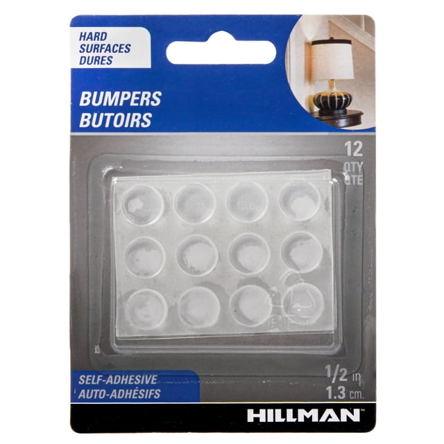 BUMPERS 1/2 12P Tampons de Pare-Chocs Ronds Transparents Autocollants par Hillman, 12 Pcs de 1/2 Po (1,3 cm) de Diamètre, Conçus pour Protéger les surfaces Dures, Y Compris le Bois Franc, le Carreau de Céramique et le Linoléum contre les Égratignures, Convenant aux Pieds de Meubles et aux Portes d'Armoires.