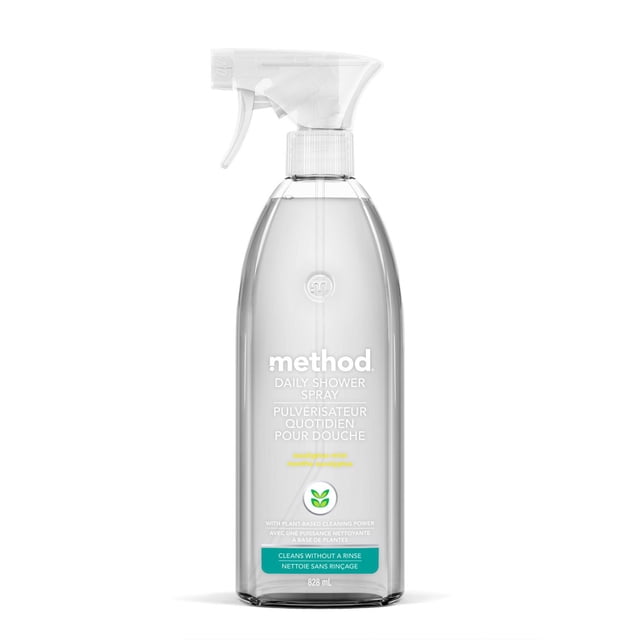 Method Daily Shower Cleaner Spray, eucalyptus mint scent, clear 828 mL spray bottle with white trigger, biodegradable plant-based formula that prevents soap scum and cleans showers, tiles, glass, and tubs without rinsing