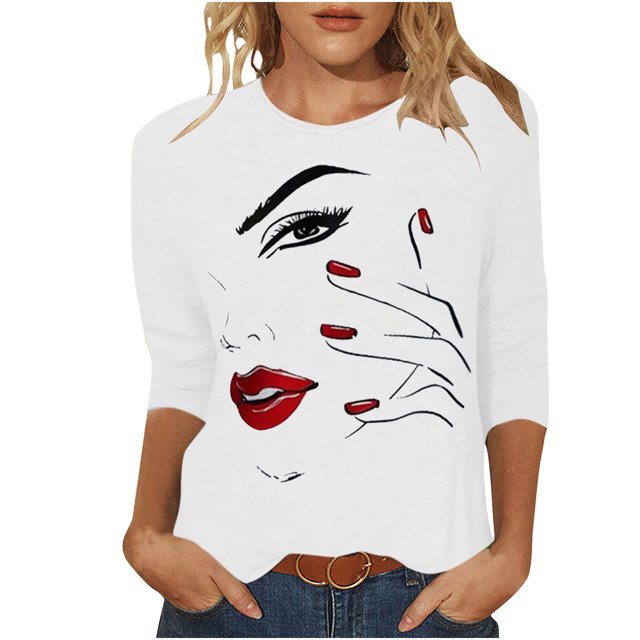 Penkiiy Hauts pour Femmes Mode Femmes T-shirt Imprimé Mi-Long Manches 3/4 Blouse Col Rond Hauts Décontractés Blanc Vêtements Y2K