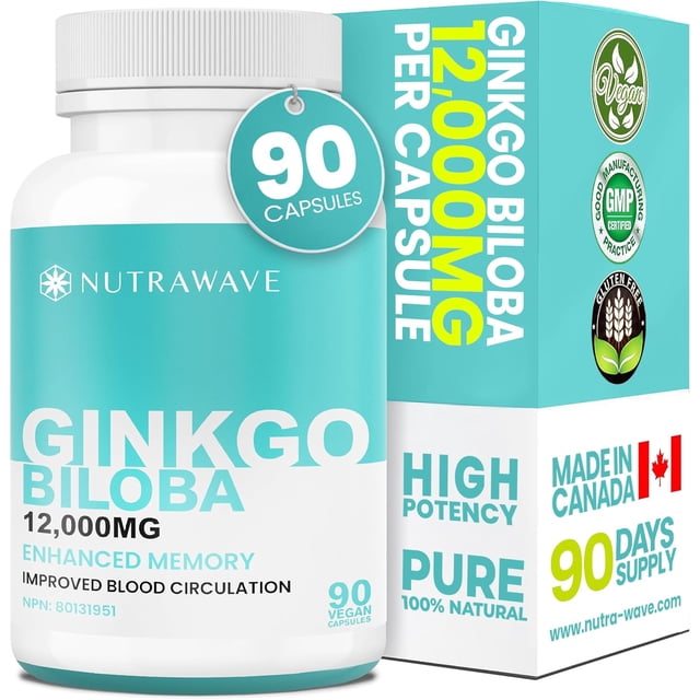 Nutrawave Ginkgo Biloba 12,000mg capsules, designed to support memory, focus, and cognitive wellness. The teal and white bottle highlights enhanced memory, improved blood circulation, and antioxidant properties. Packaging emphasizes high potency, vegan-friendly, gluten-free, and made in Canada. Includes 90 capsules per bottle.