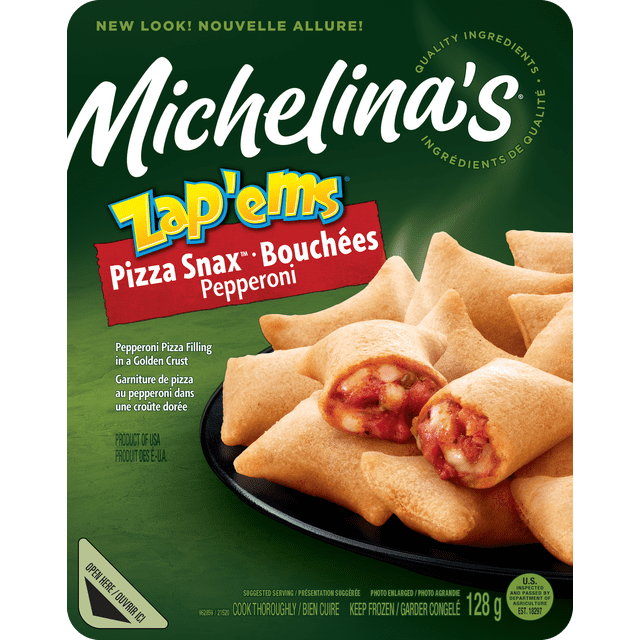 Michelina's Zap'ems Pizza Snax Pepperoni 128g package showing bite-sized frozen pizza snacks with pepperoni filling and cheese inside a golden crispy crust on a black plate, suitable for quick frozen food snacks.