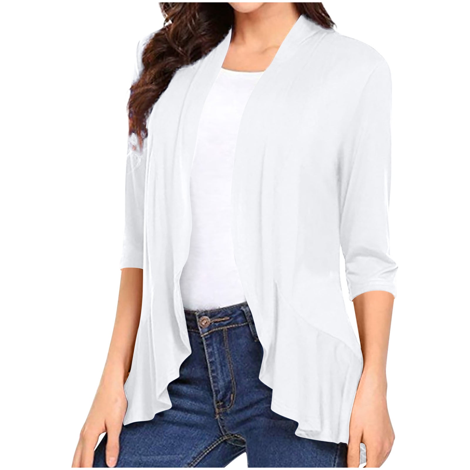 Aqestyerly Women's Ruffle Cardigan Top,Solid Color Soft Drape Nine-Quarter Sleeve Lightweight Outerwear HWRETIE