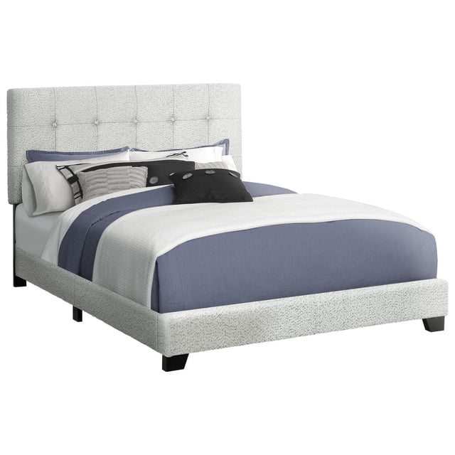 Monarch Specialties queen size upholstered bed frame in light grey boucle fabric with button-tufted padded headboard and black block feet, featuring a low-profile solid engineered wood frame with wooden slats for mattress support, shown with blue and white bedding and decorative pillows, frame only without mattress or box spring, suitable for transitional bedroom decor.