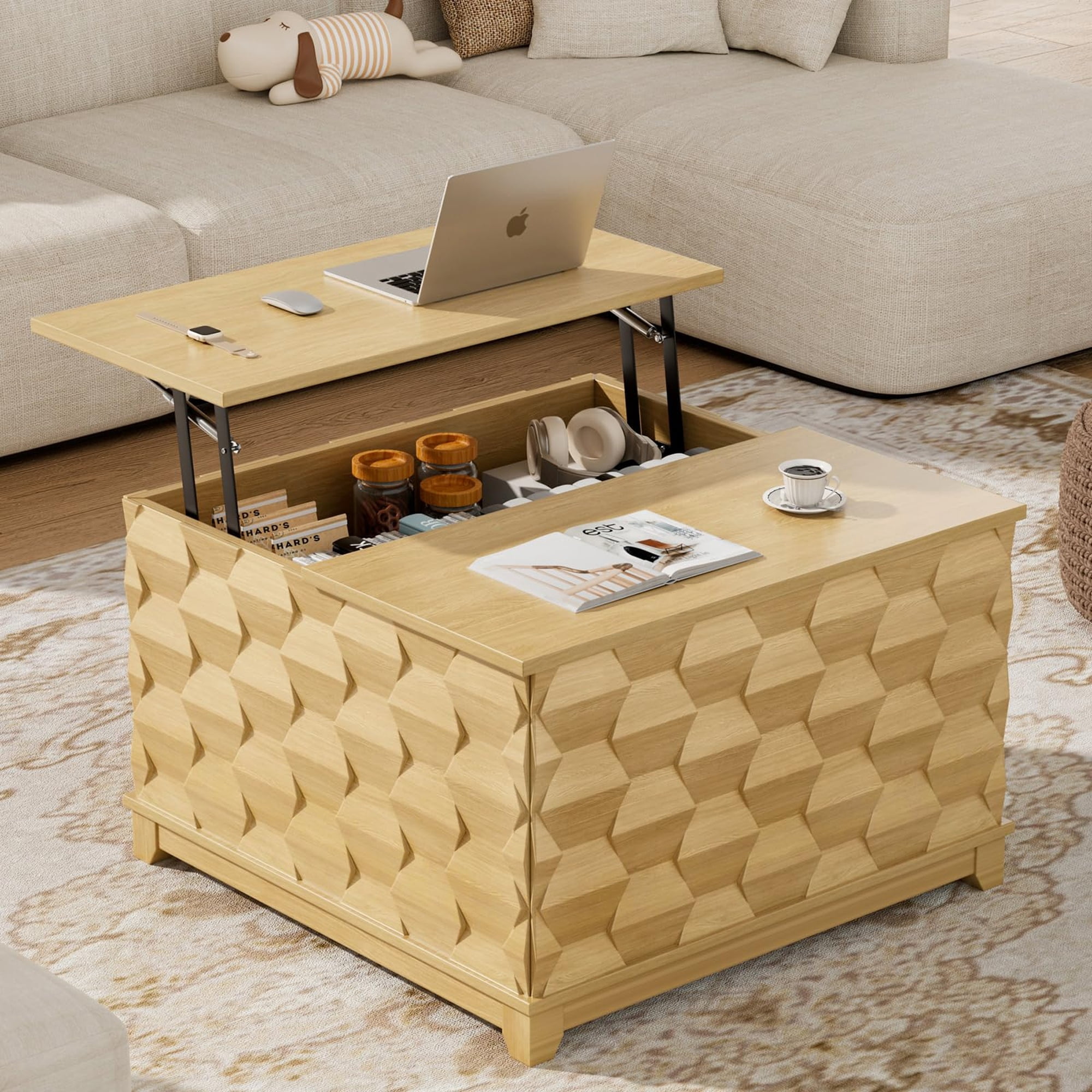 TOYTEXX Lift Top Coffee Table with Hidden Storage, Hydraulic Lift Mechanism, Sliding Top, Modern Wood Finish, 41.7"