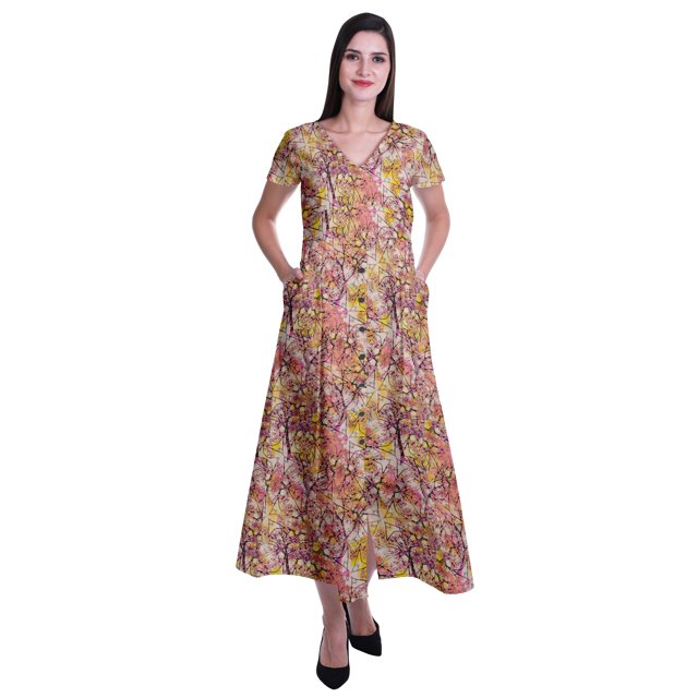 Moomaya Robe Longue Maxi pour Femmes à Manches Courtes, Robe Formelle/décontractée avec Poches P-TTG