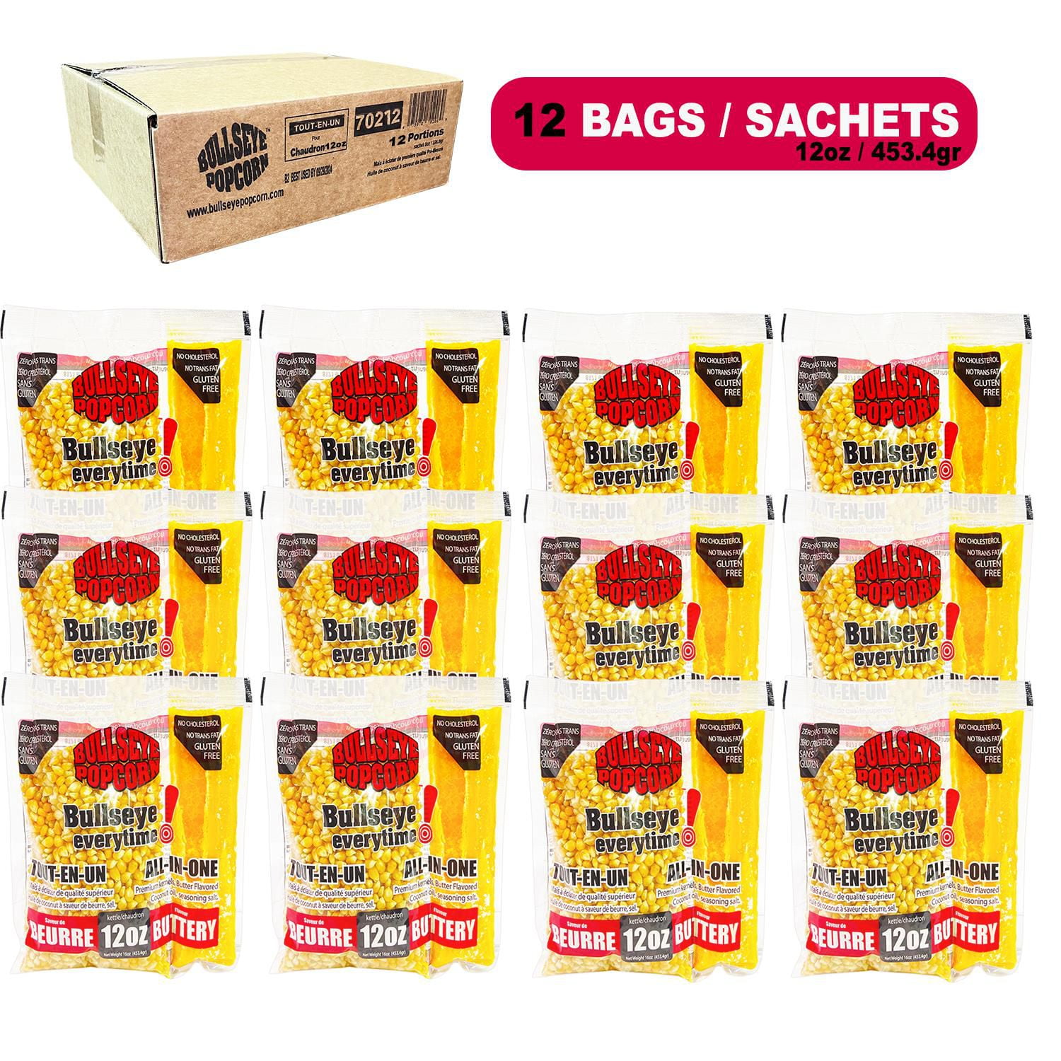 BullsEye Popcorn Boite de 12 sachets pré-mélangé de popcorn 12oz