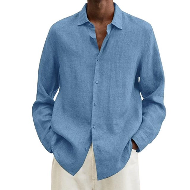 MesaSe Chemise à Manches Longues en Coton et Lin pour Hommes, Col Rabattu Ample