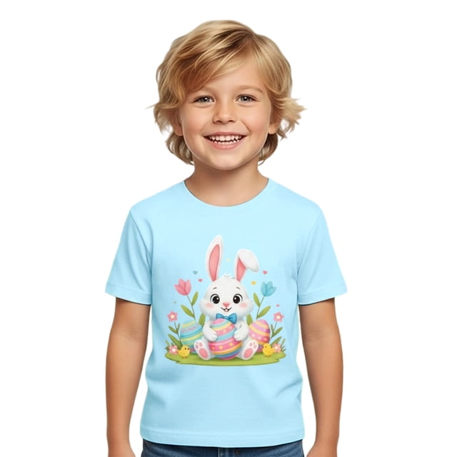 MIASHUI T-Shirts Graphiques de Pâques pour Garçons Manches Courtes Décontractées Douces Hauts Colorés pour Enfants Bleu Clair, 12-13 Ans
