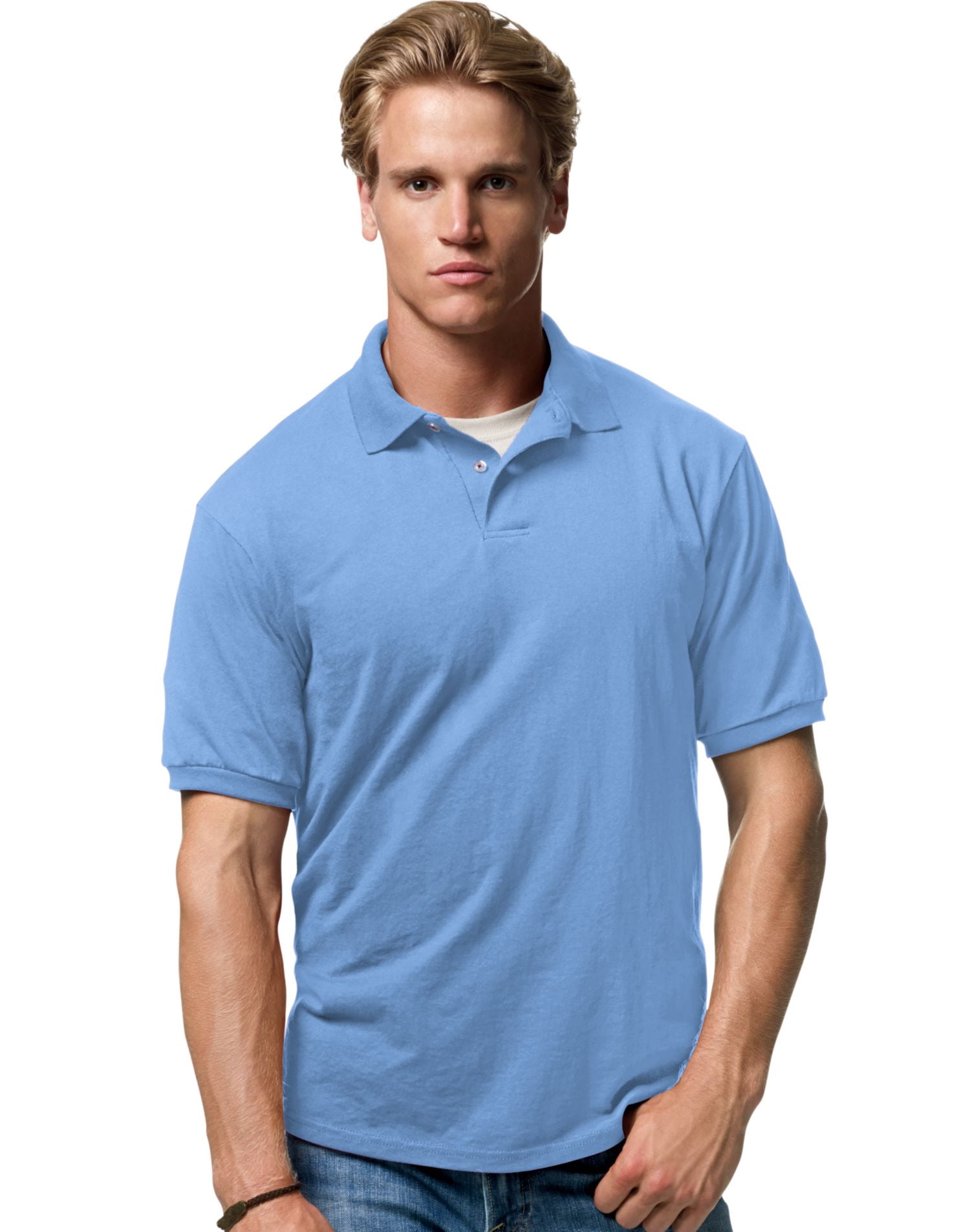 Hanes Cotton-Blend Men`s Jersey Polo, S, Carolina Blue
