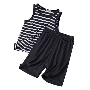 GDREDA Ensemble à Manches Courtes pour Garçons Débardeur Rayé pour Enfants Shorts Deux Pièces Été Pyjama Ample Sans Manches pour Garçons Mince Tenue de Détente pour Filles Climatisée Noir, 18-24 Mois