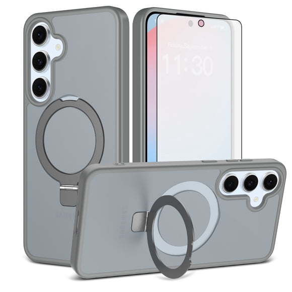 Asuwish Étui de Téléphone pour Samsung Galaxy S24 FE 5G Protecteur d'Écran en Verre Trempé Support Pliant Magnétique Givré Translucide Robuste Antichoc Étui de Protection Cellulaire S 24 EF AI S24FE 24S Femmes Hommes Gris