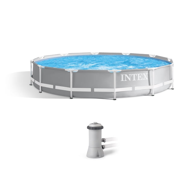 Intex 26711EH Piscine Prism Frame de 12 Pi x 30 Po avec Pompe de Filtration. une Piscine Ronde hors Terre avec un Cadre en Acier Robuste Enduit de Poudre et un Élégant Doublure Grise. Comprend une Pompe de Filtration de 530 GPH avec Technologie d'Hydro-aération pour Améliorer la Clarté et la circulation de l'Eau. Fabriquée avec un Matériau 3 Plis Résistant aux Perforations et des Parois Latérales Renforcées pour la Durabilité. Convient aux 4-6 Personnes, avec une Capacité d'Eau de 1 718 gallons à un Remplissage de 90 % Dimensions