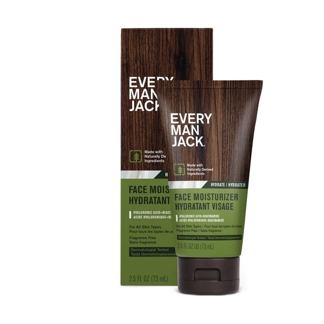 Every Man Jack Skin Revive Lotion 2.5 Fl Oz tube and box with wood grain design, green label showing face moisturizer hydrating lotion with hyaluronic acid and niacinamide, fragrance-free, dermatologist tested, suitable for all skin types and daily hydration.