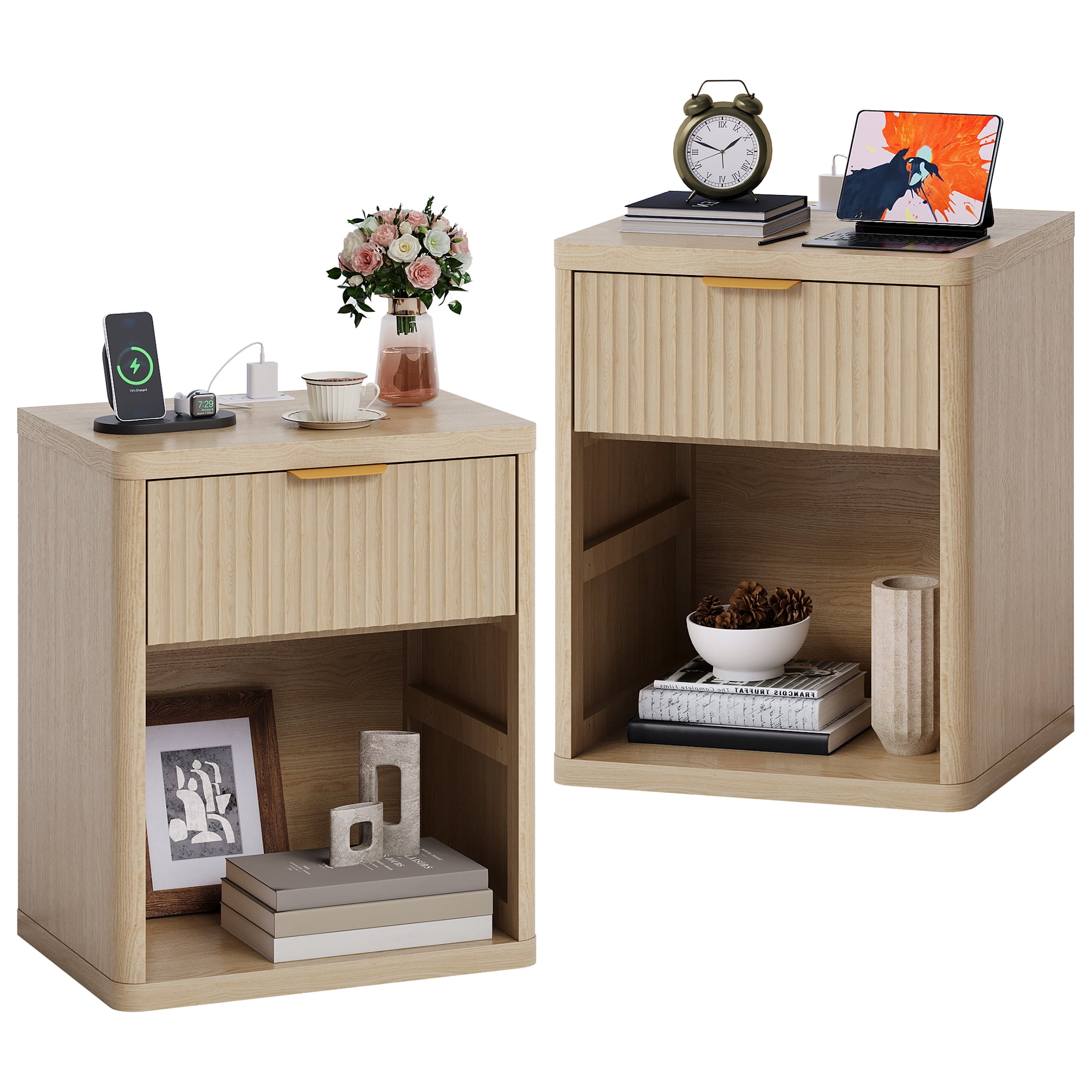 Fluted Nightstand with Charging Station, Bedside Table with Drawers and Open Storage Space, Metal Handles and Rounded Corners for Safety, Side Tables, End Table Bedroom, Living Room