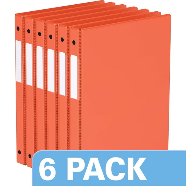 Davis Group Premium Economy Round Ring Binder 6 Pack 5/8 inch in orange, angled front view showing six binders with clear interior pockets on front and back covers, full width label holders on spines, ideal for document organization, conferences, and school use.