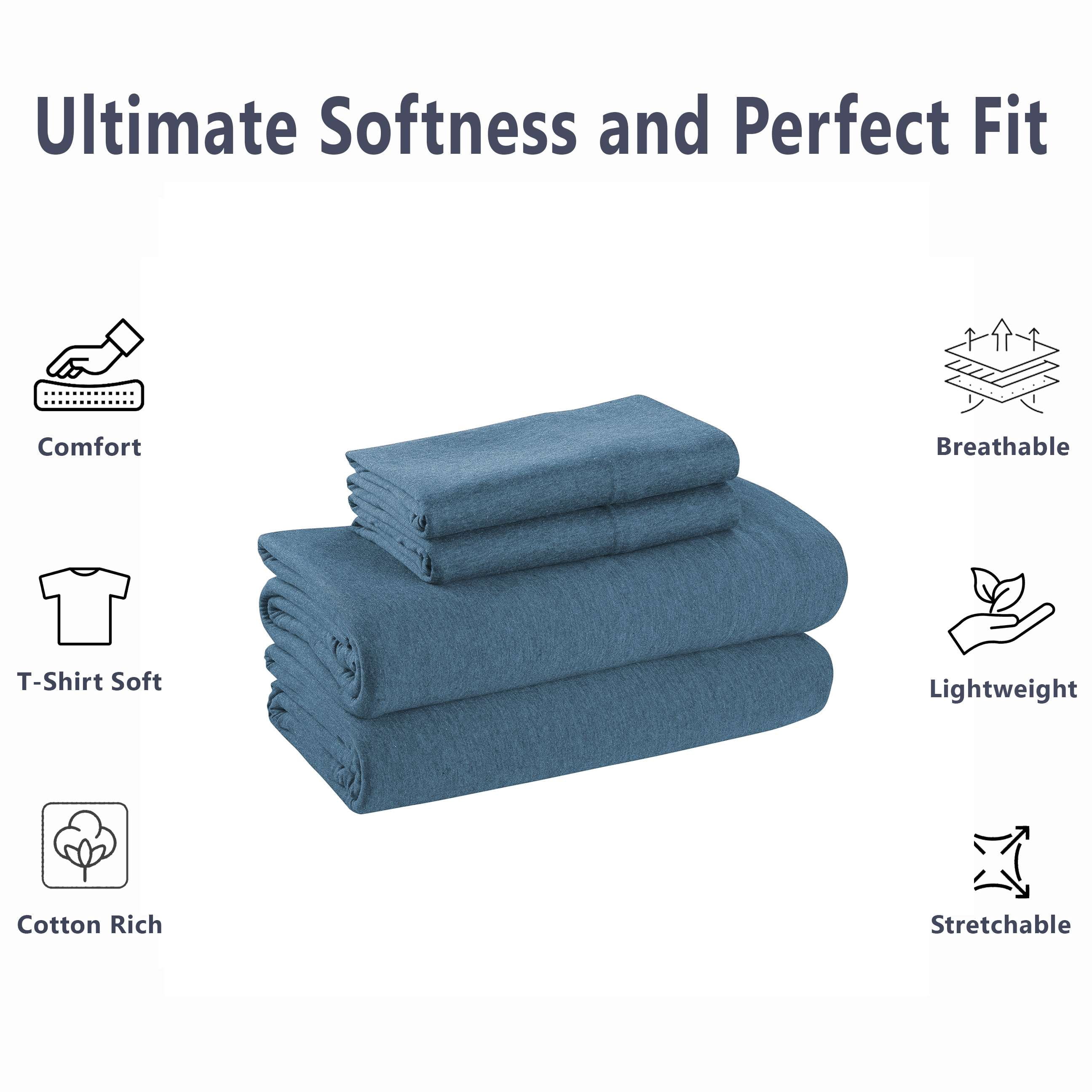 Mainstays – Parure de lit en jersey extra doux, riche en coton, pour adulte, Twin-XL, Bleu Foncé, 3 pièces