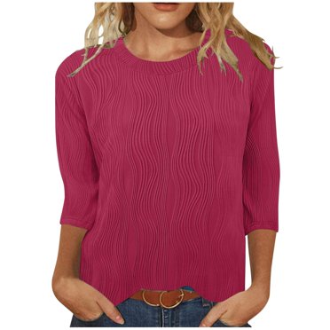 FAIWAD Hauts Texturés pour Femmes Été Chemises à Manches 3/4 Blouse Décontractée à Col Ras du Cou T-Shirts Basiques de Couleur Unie
