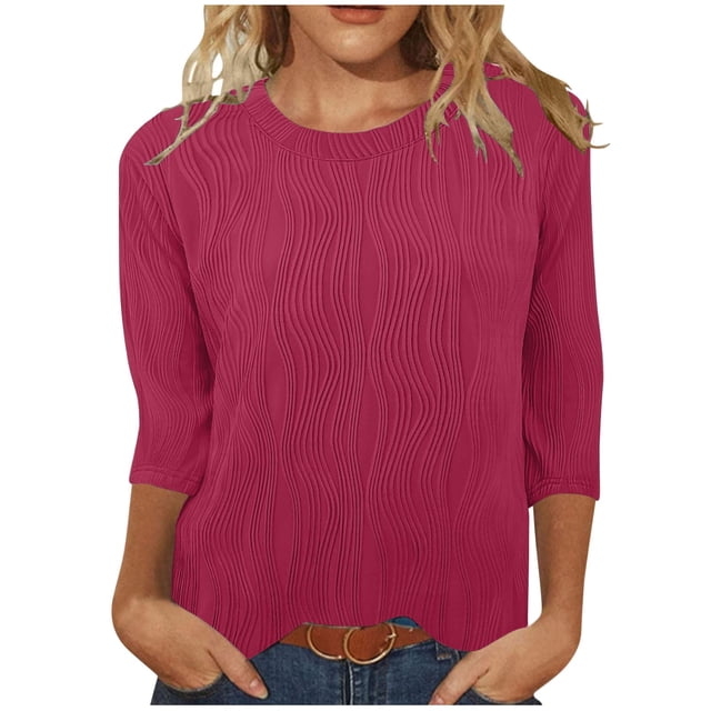 Timegard Hauts d'Été pour Femmes Col Rond Manches 3/4 Couleur Unie Chic Décontracté Chemises Amples Hauts Blouse