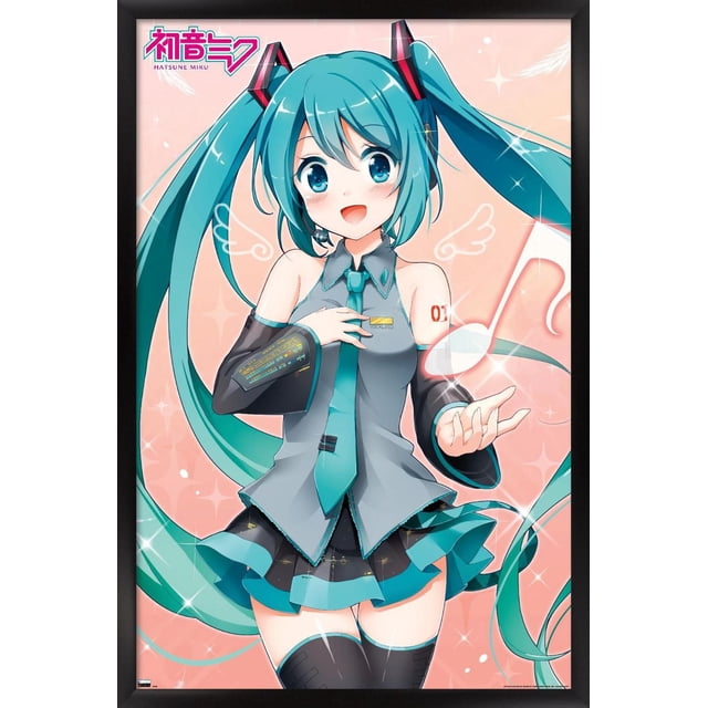 Hatsune Miku - Affiche Murale de Note de Musique avec Épingles à Pousser, 14,725 Pouces x 22,375 Pouces Représentant un Personnage d'Anime aux Longues Queues Jumelles Sarcelle Portant un Haut Sans Manches Gris avec Cravate Sarcelle, Manches Noires avec Motifs Numériques, et une Jupe Plissée aux accents Sarcelle, sur Fond Rose avec des notes de Musique Blanches et des Paillettes, Convient pour Décorer des Chambres, des Bureaux Ou des Résidences Étudiantes.