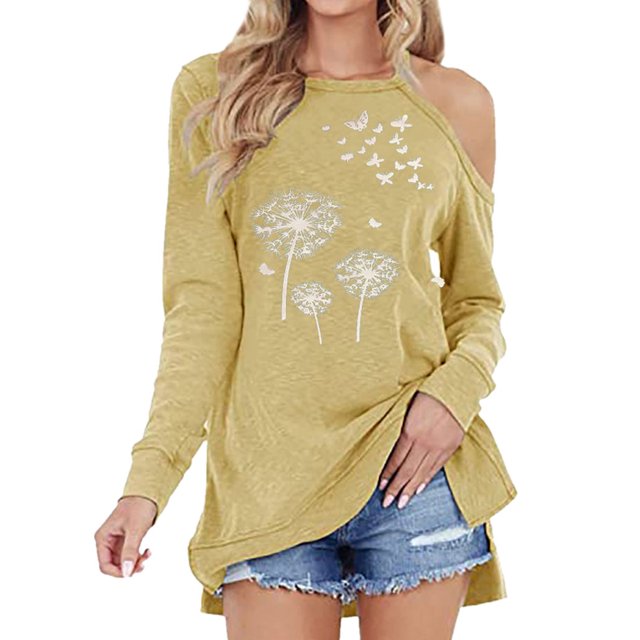 MY Women Dandelion Print Long Sleeve Cold Shoulder Side Split Plain Shirt