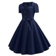 thumbnail image 1 of Robe Vintage Évasée pour Femmes, Ligne A, Nœud, Bal, Swing, Manches Courtes, Pois, Unie, Robe de Soirée, 1 of 9