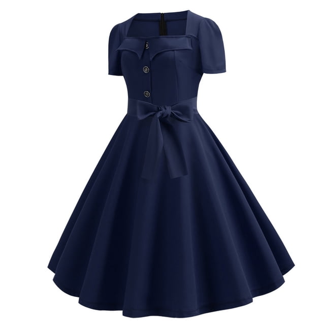 Robe Vintage Évasée pour Femmes, Ligne A, Nœud, Bal, Swing, Manches Courtes, Pois, Unie, Robe de Soirée