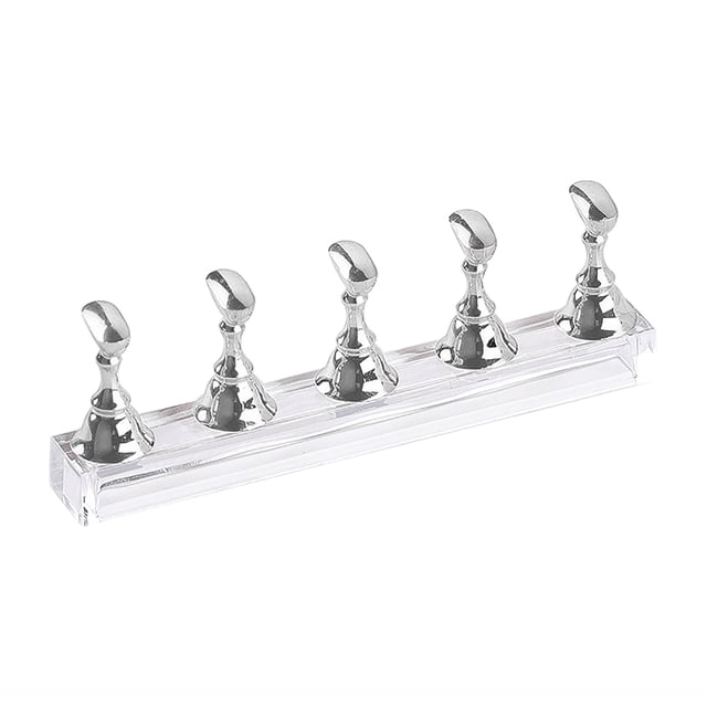WIFKLSIIPG Acrylic Nail Display Stand featuring a clear acrylic base with five silver alloy nail tip holders. Designed for nail practice and display, it is portable, durable, and suitable for use in salons, schools, or at home. Ideal for beginners and professionals.
