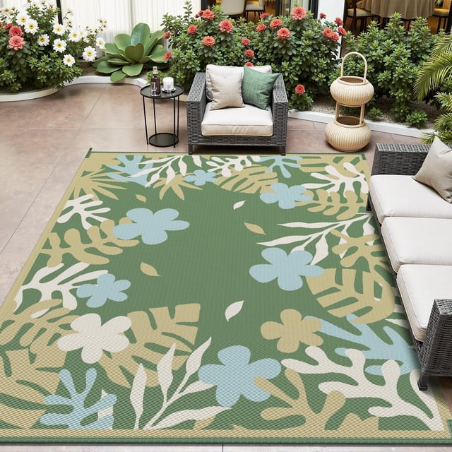Outdoor Rug 8x10 ft Outdoor Carpet Camping Mat-Modern Floral & Leaf Rugs Reversible Mat Plastic Straw Rugs for Patio Camping RV Porch Balcony Backyard Picnic Deck Beach Green&Beige