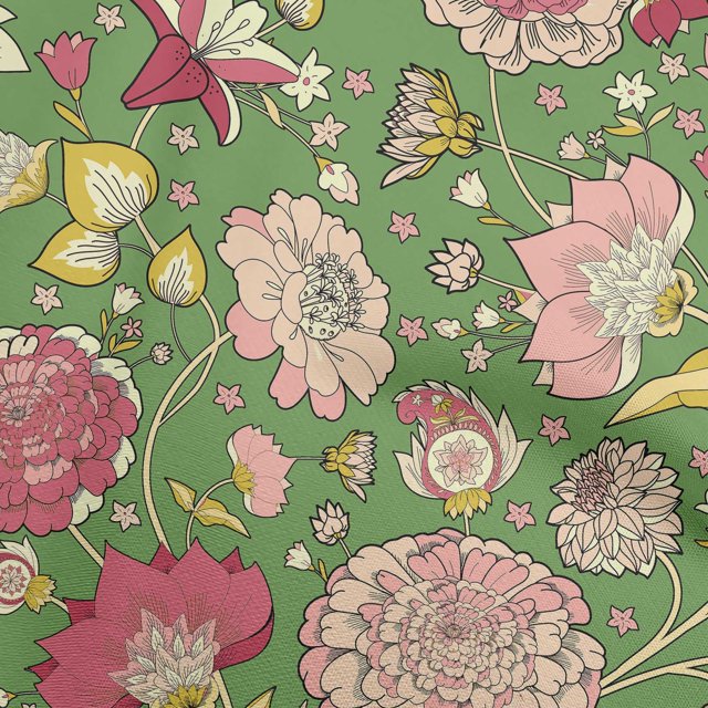 oneOone Rayon Green Fabric Asian Chinese Flower Craft Projects Decor Fabric Printed By The Yard 56 Inch Wide