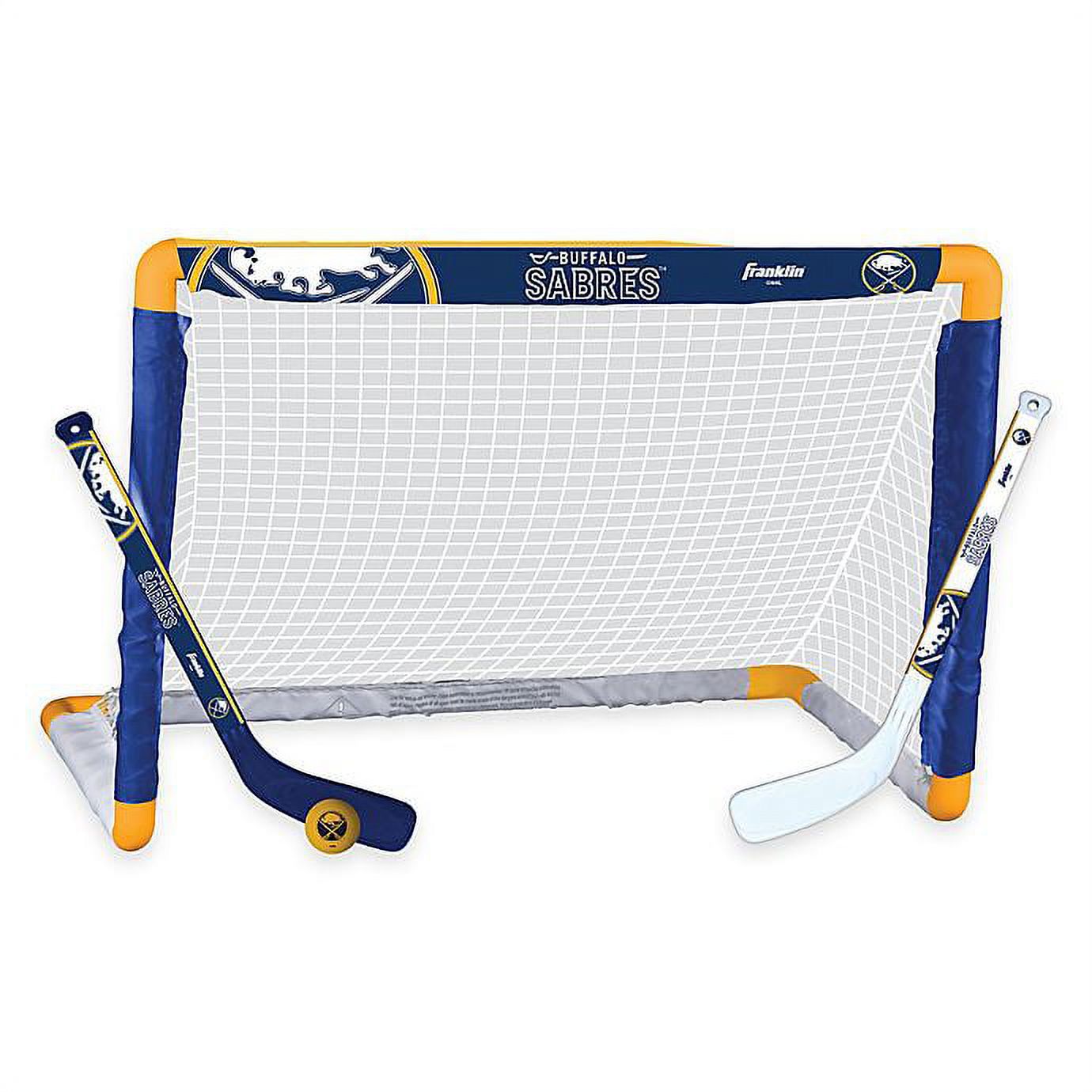 Franklin Sports Ensemble de mini hockey Sabres de la NHL – But de hockey intérieur pour enfants, ballon, 2 mini bâtons de hockey
