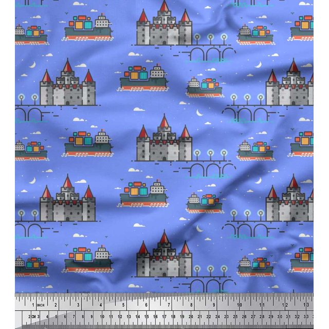 Soimoi Rayon Fabric Ship,Castel & Bridge Architectural Fabric Prints By Yard 42 Inch Wide