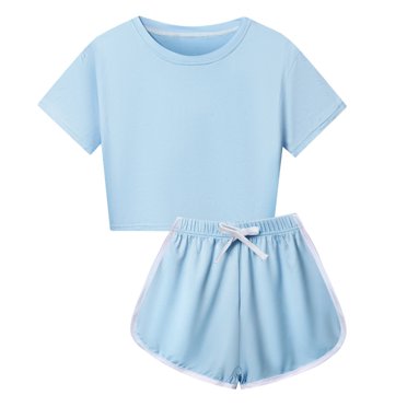 GDREDA Girls Two Piece Outfits Sets Spring Summer Children Kid Boys Girls Soft Short Sleeve Shirt Top Blouse And Shorts Casual Two Piece Outfit Set Light Blue,6-7 Years