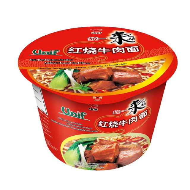Unif Bowl Instant Noodles - Roasted Beef Flavour in a red round container featuring images of cooked beef chunks, bok choy, and noodles, with bilingual English and Chinese text. This 110 g instant ramen offers chewy, al dente noodles with rich roasted beef flavor, ideal for a quick meal or snack.