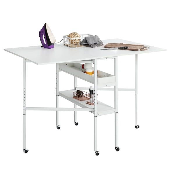 MELLCOM Folding Sewing Table, Height Adjustable Fabric Cutting Table with Storage Shelves & Lockable Casters, Portable Craft Station Desk for Home Apartment (57.5" W x 35.5" D x 33-39.75" H)
