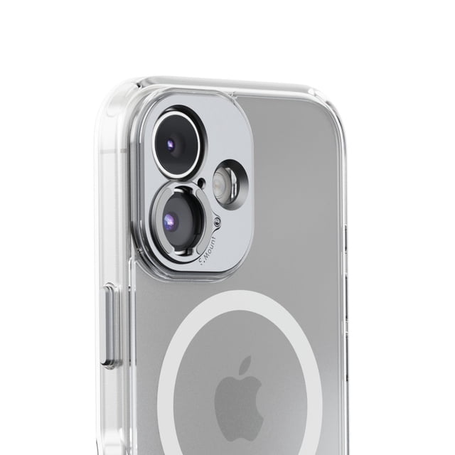 Shiftcam Camera Case for iPhone 16 clear transparent case showing the iPhone's silver back and Apple logo, with precise cutouts for dual camera lenses and flash, featuring the C.Mount system for secure lens attachment and recycled aluminum side button with tactile feedback, offering 2-meter drop protection and Lens Ultra compatibility.
