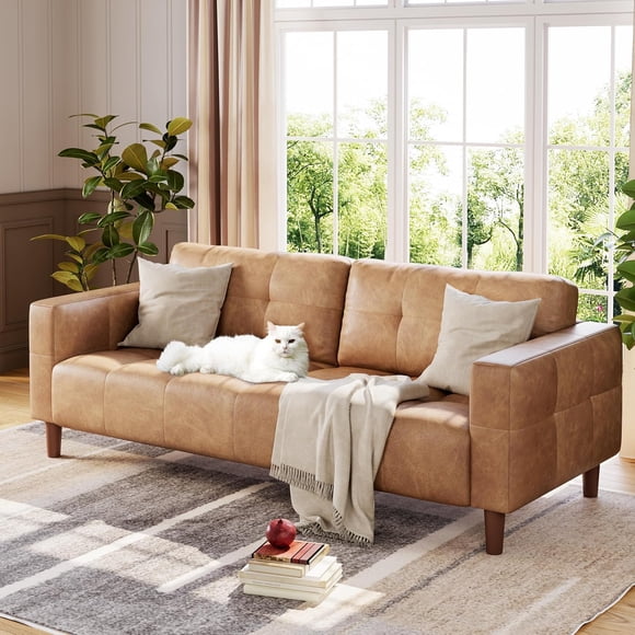 83in 3-Seater Faux Leather Sofa Couch with Deep Seats Spring Cushions and 2 Removable Back Pillows Modern Sofa for Living Room Office Brown