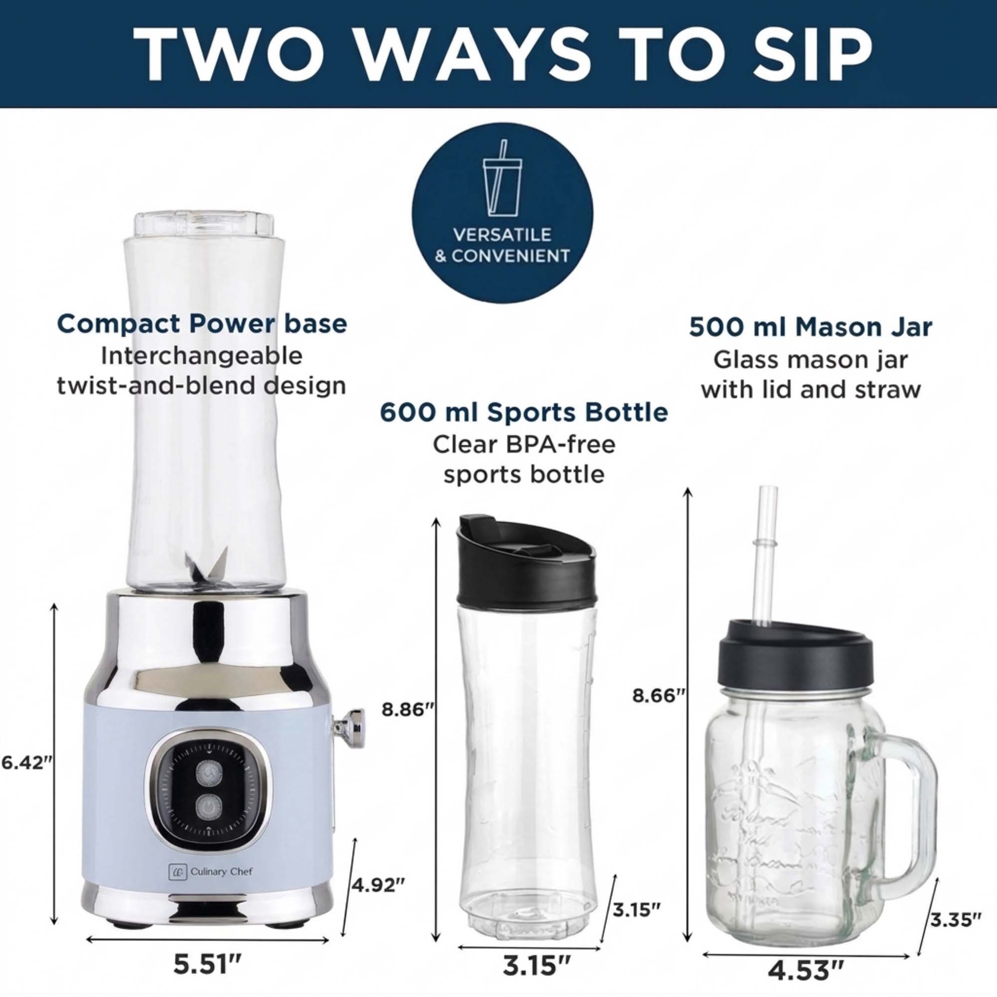 Culinary Chef 300-Watt Retro Smoothie Maker with Stainless Steel Blade, Mason Jar and Straw Included