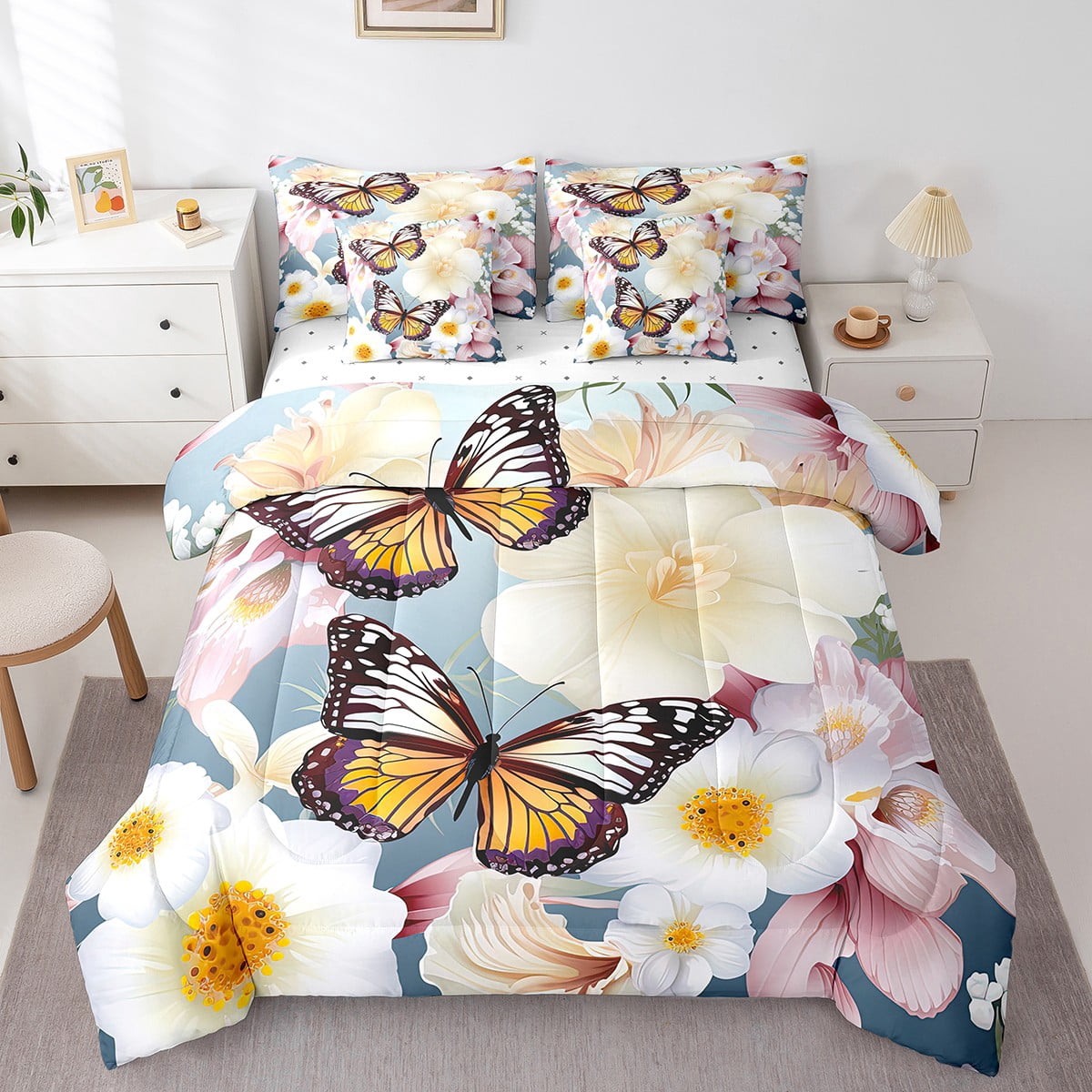 YST Ensemble de Literie Papillon, 7 Pcs, Animal de Jardin Floral, Format Grand Lit, Rose, Ensemble de Couette